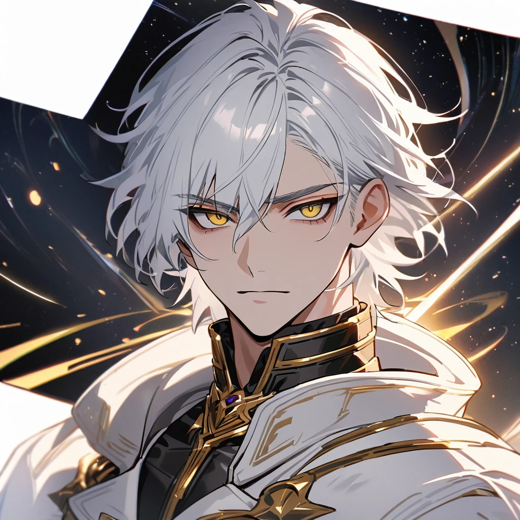 High quality, HD, 4k, no shadows, handsome male, handsome, 1male, 18 years old, 18yo, short white hair, white hair, white hair, white hair, sharp eyes, deep golden colored eyes, dark gold colored eyes, deep gold eyes, gold eyes, devil may cry, close up, calm expression, stoic expression, black leather clothes, white leather clothing, lean body, well trained body, upper body, looking at viewer, cowboy shot, white solar, space background