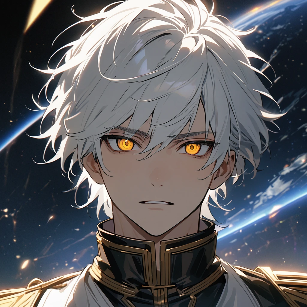 High quality, HD, 4k, no shadows, handsome male, handsome, 1male, 18 years old, 18yo, short white hair, white hair, white hair, white hair, sharp eyes, deep golden colored eyes, dark gold colored eyes, deep gold eyes, gold eyes, devil may cry, close up, calm expression, stoic expression, black leather clothes, white leather clothing, lean body, well trained body, upper body, looking at viewer, cowboy shot, white solar, space background
