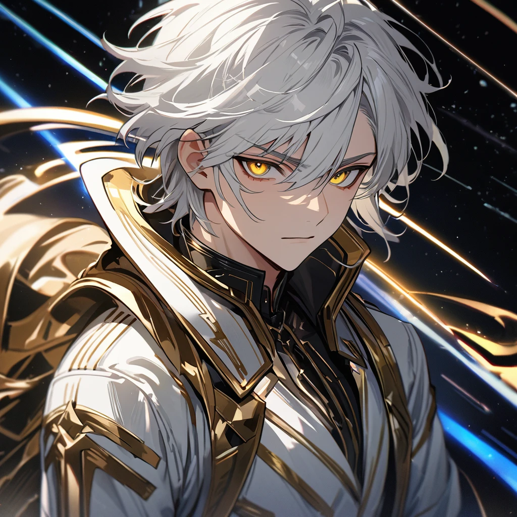 High quality, HD, 4k, no shadows, handsome male, handsome, 1male, 18 years old, 18yo, short white hair, white hair, white hair, white hair, sharp eyes, deep golden colored eyes, dark gold colored eyes, deep gold eyes, gold eyes, devil may cry, close up, calm expression, stoic expression, black leather clothes, white leather clothing, lean body, well trained body, upper body, looking at viewer, cowboy shot, white solar, space background