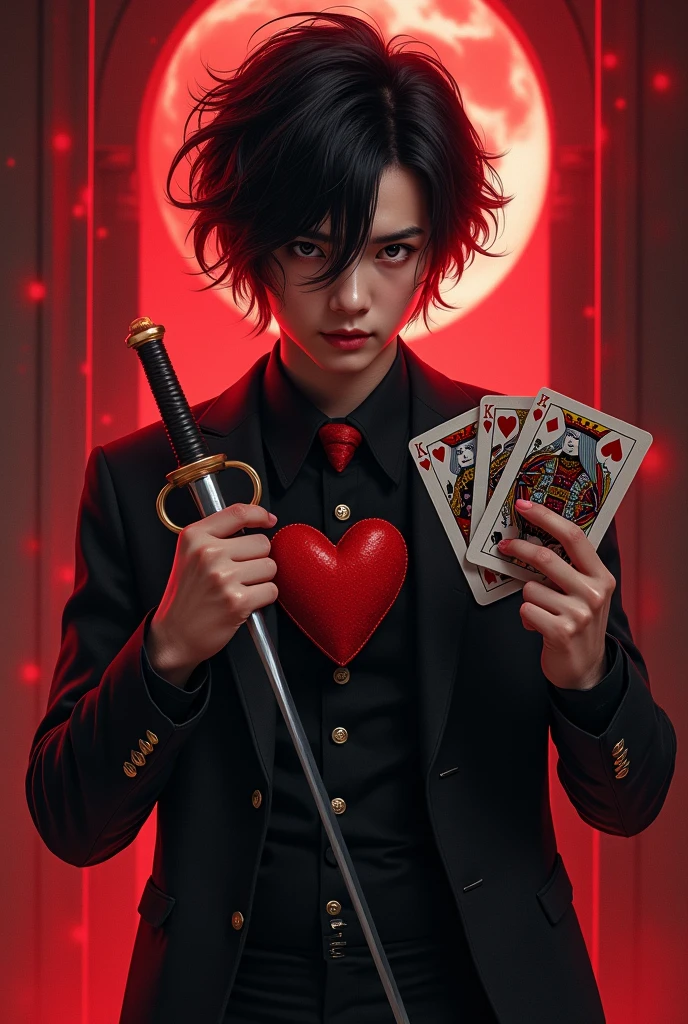 Movie poster Reddish's Bad Plays
A young man in a black and red suit with a heart design ,black and red hair and a deck of cards in one hand and a sword in the other
