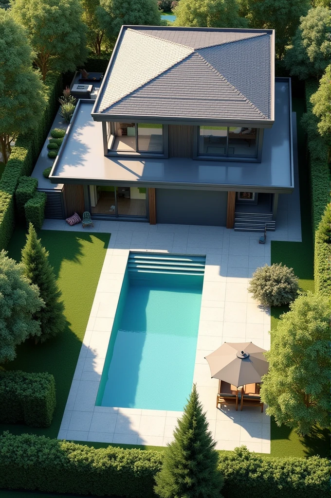 Aerial view of house with pool, useful room and garage