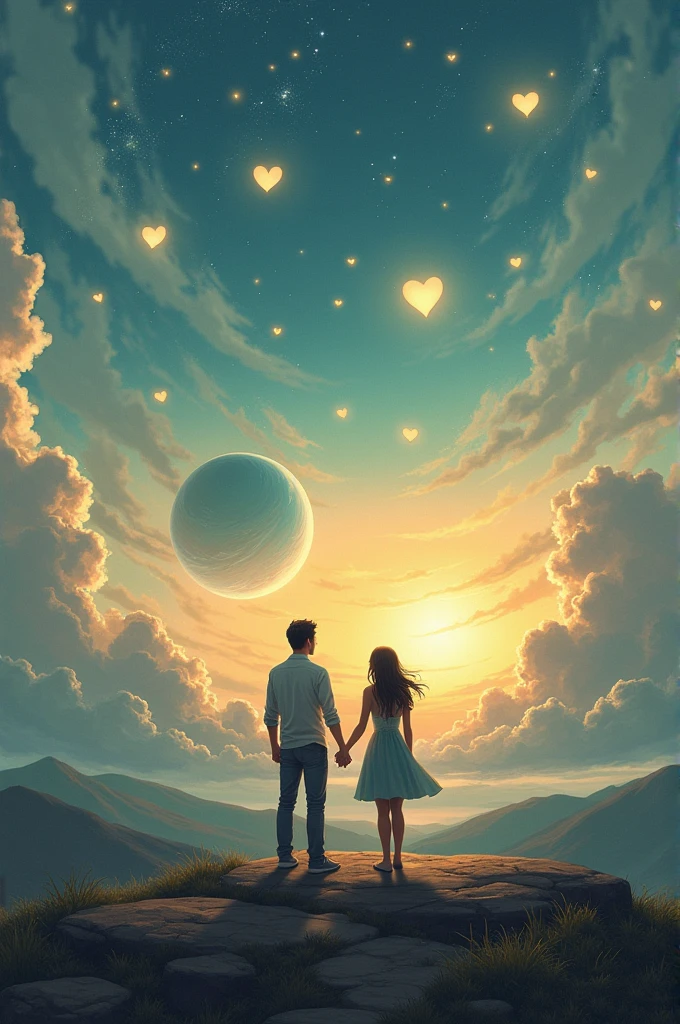 A planet with two people holding hands with some heart-shaped stars in the background
