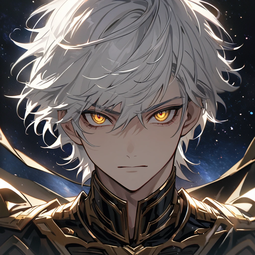High quality, HD, 4k, no shadows, handsome male, handsome, 1male, 18 years old, 18yo, short white hair, white hair, white hair, white hair, sharp eyes, deep golden colored eyes, dark gold colored eyes, deep gold eyes, gold eyes, devil may cry, close up, calm expression, stoic expression, black leather clothes, white leather clothing, lean body, well trained body, upper body, looking at viewer, cowboy shot, white solar, space background