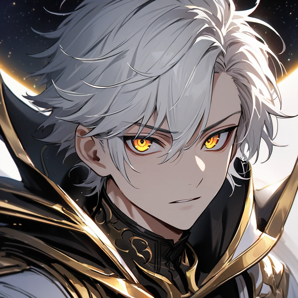 High quality, HD, 4k, no shadows, handsome male, handsome, 1male, 18 years old, 18yo, short white hair, white hair, white hair, white hair, sharp eyes, deep golden colored eyes, dark gold colored eyes, deep gold eyes, gold eyes, devil may cry, close up, calm expression, stoic expression, black leather clothes, white leather clothing, lean body, well trained body, upper body, looking at viewer, cowboy shot, white solar, space background