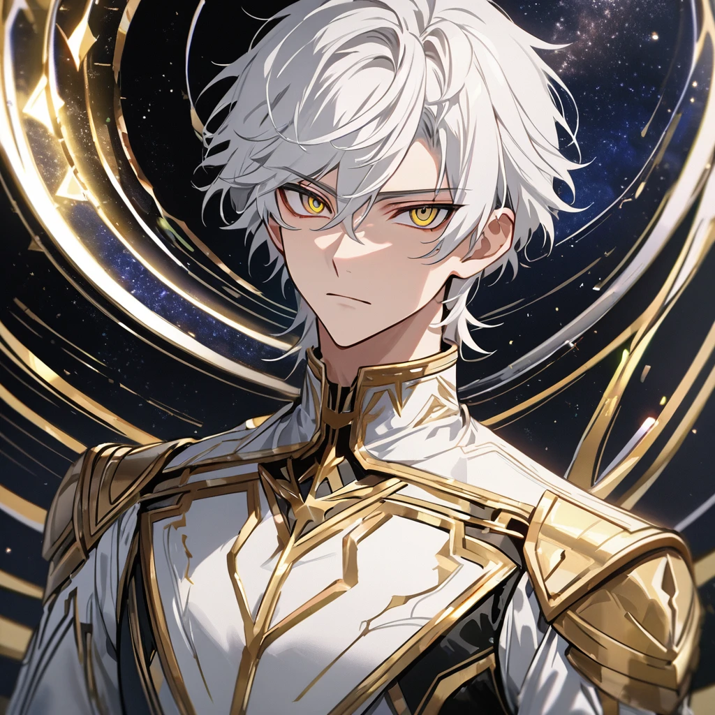 High quality, HD, 4k, no shadows, handsome male, handsome, 1male, 18 years old, 18yo, short white hair, white hair, white hair, white hair, sharp eyes, deep golden colored eyes, dark gold colored eyes, deep gold eyes, gold eyes, devil may cry, close up, calm expression, stoic expression, black leather clothes, white leather clothing, lean body, well trained body, upper body, looking at viewer, cowboy shot, white solar, space background