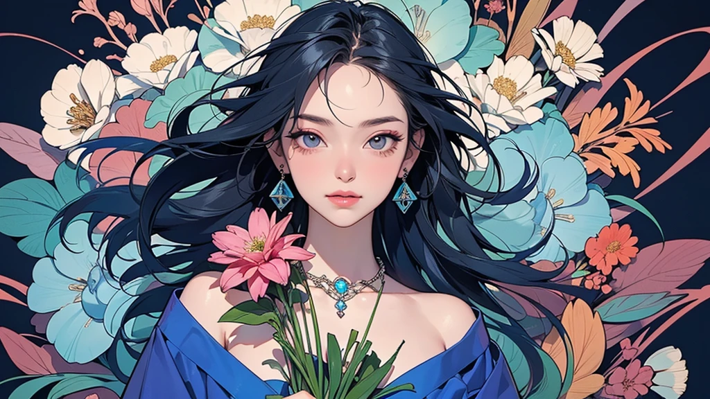 32K, 最高quality, 最高masterpiece, (ultra-Detailed Background, Detailed Background), High resolution, Super detailed, Very detailedな, 1 personの, (bouquet:1.3), (Tangled:1.2), (Geometric:1.2),(colorful),(masterpiece, quality, best quality, Official Art, Beautiful and beautiful:1.2), (1 person:1.3), Very detailed,(colorful:1.1)(Flowers:1.3),Most detailed,(Tangled:1.2), whole body, (Abstract background:1.3), (Skin glows), (Many colors:1.4), ,(Earrings Jewelry:1.5), Light Blue Background,