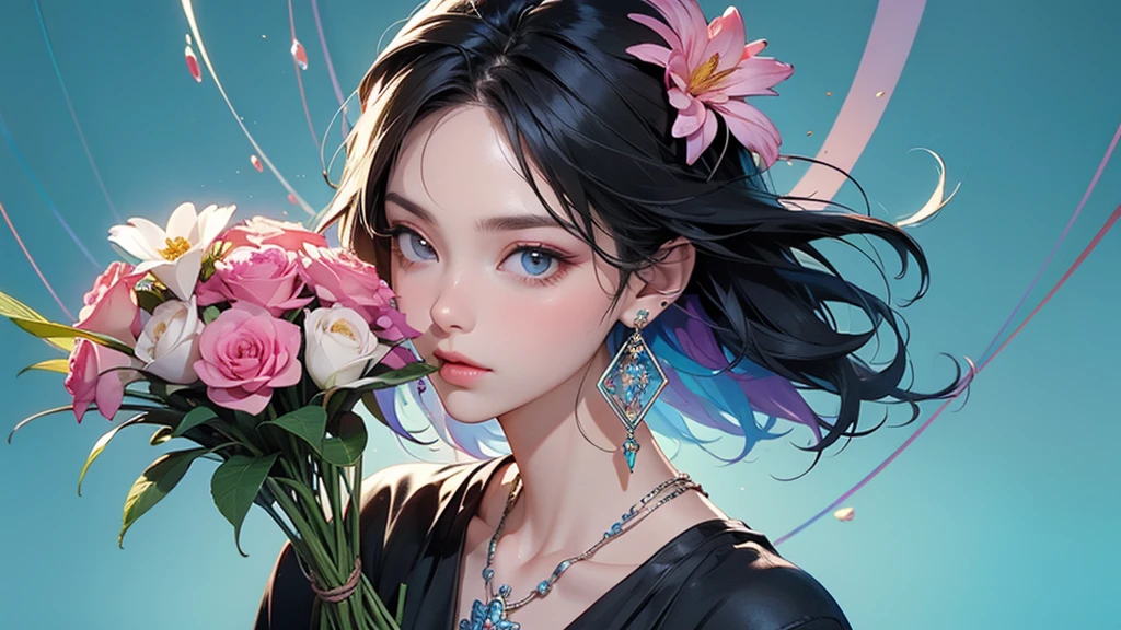 32K, 最高quality, 最高masterpiece, (ultra-Detailed Background, Detailed Background), High resolution, Super detailed, Very detailedな, 1 personの, (bouquet:1.3), (Tangled:1.2), (Geometric:1.2),(colorful),(masterpiece, quality, best quality, Official Art, Beautiful and beautiful:1.2), (1 person:1.3), Very detailed,(colorful:1.1)(Flowers:1.3),Most detailed,(Tangled:1.2), whole body, (Abstract background:1.3), (Skin glows), (Many colors:1.4), ,(Earrings Jewelry:1.5), Light Blue Background,