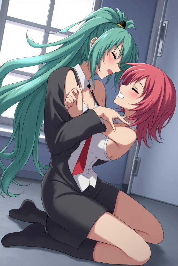 yuri anime, two girls , one with a short transparent dress , and the other girl leaning her against the wall, he kisses her and lifts her skirt