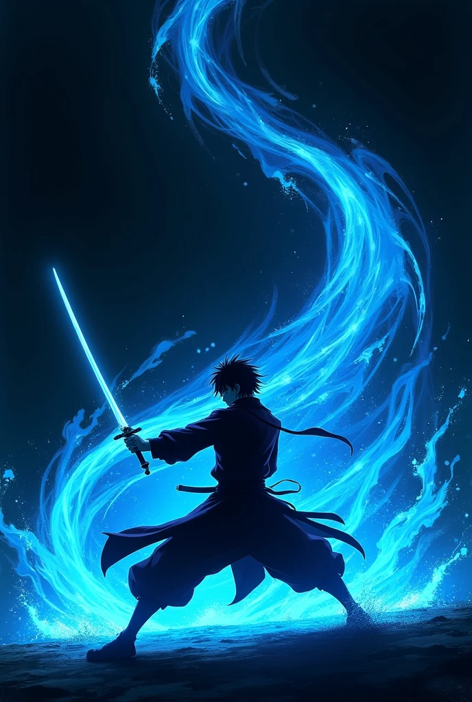 ((Best Quality)), ((masterpiece)), ((detailed)), ((High Definition)), an aura of sword slashes in anime style, all blue color, with the black silhouette of a simple person in the center, dynamic movement, fighting pose. With a black background.