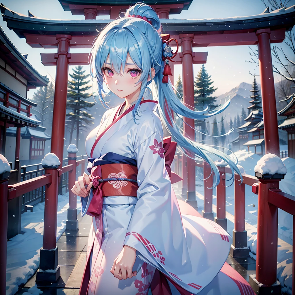 (Sky blue hair tied in a single strand),(Pink Eyes),Fair Skin,Full Body,Alone,Snowy Night,Drawing a divine lot at a temple,torii,japanese kimono,Masterpiece, Top Quality, Very Detailed, Best Shadows,Detailed Background,Beautifully Detailed Face,High Contrast,Best Lighting, Very Delicate and Beautiful,Cinematic Light,Hyper Detail,8k,Dramatic Light,Exquisite Detail,Visit to a shrine,
