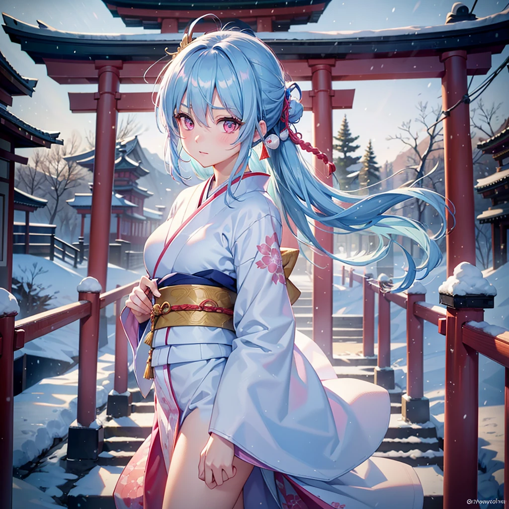(Sky blue hair tied in a single strand),(Pink Eyes),Fair Skin,Full Body,Alone,Snowy Night,Drawing a divine lot at a temple,torii,japanese kimono,Masterpiece, Top Quality, Very Detailed, Best Shadows,Detailed Background,Beautifully Detailed Face,High Contrast,Best Lighting, Very Delicate and Beautiful,Cinematic Light,Hyper Detail,8k,Dramatic Light,Exquisite Detail,Visit to a shrine,