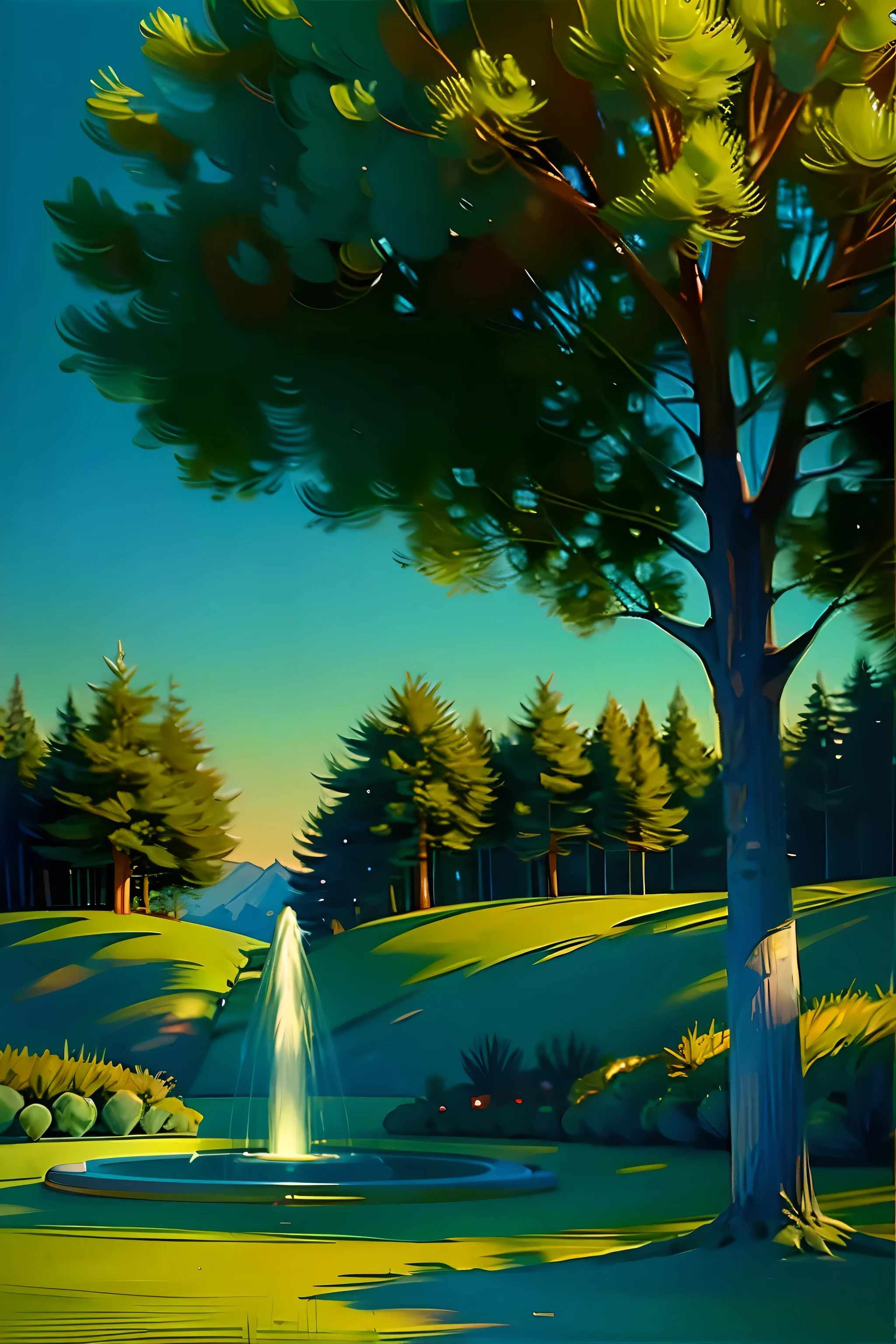 A painting of a summer landscape., green trees, green grass, decorative water fountain, daylight.