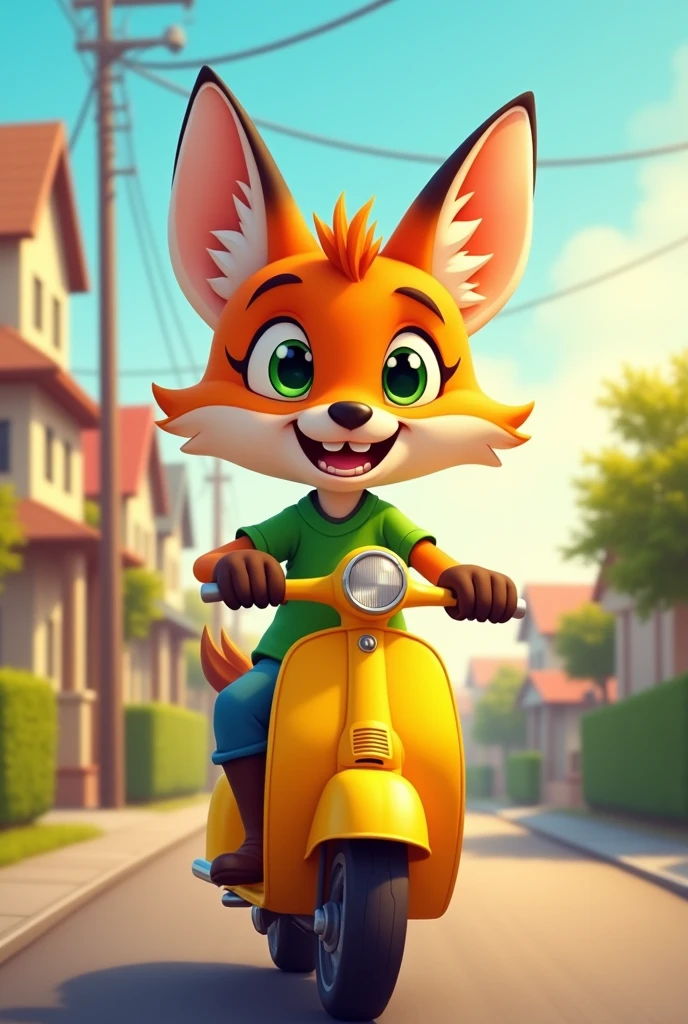 The image is a digital illustration of a cartoon fox riding a yellow scooter on a street. The fox is wearing a green shirt and has big, round green eyes that sparkle with excitement. It has a big smile on its face, showing off its sharp teeth, and is looking directly at the camera with a playful glint in its eyes. The scooter is on a road with houses and power lines in the background, giving a sense of depth and context to the scene. The sky is a bright blue and the sun is setting, casting a warm glow over the scene, which adds to the overall cheerful and playful mood of the image