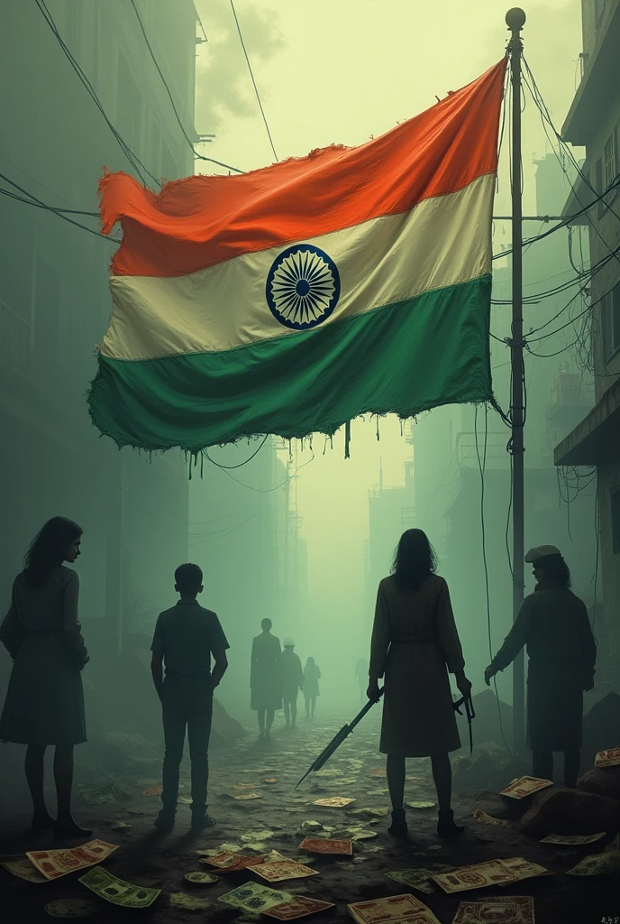 Create a image of Indian flag that should contain traces of money, crime happening on women  , pollution, 