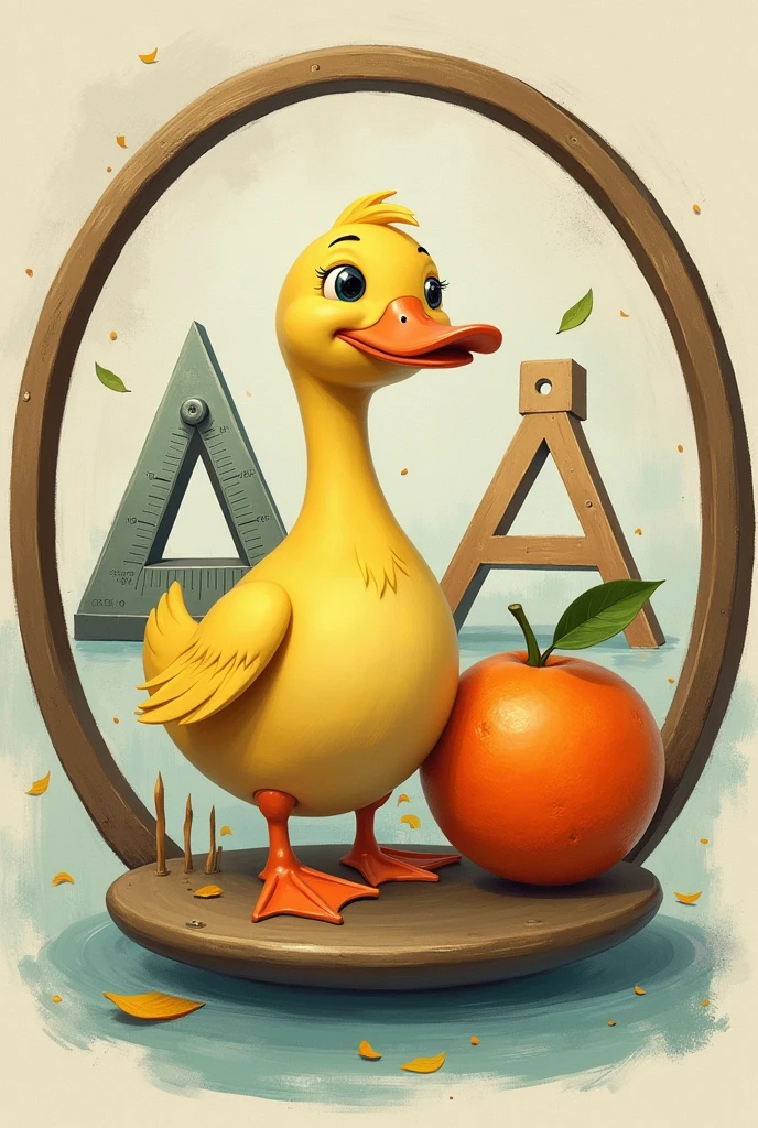 Drawing of a duck, a protractor and an orange, combined inside a circle, in a slightly abstract way