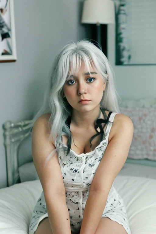 Generate an image of a 23-year-old woman with white hair wearing a camisole, sitting in a bedroom with a tsundere expression.