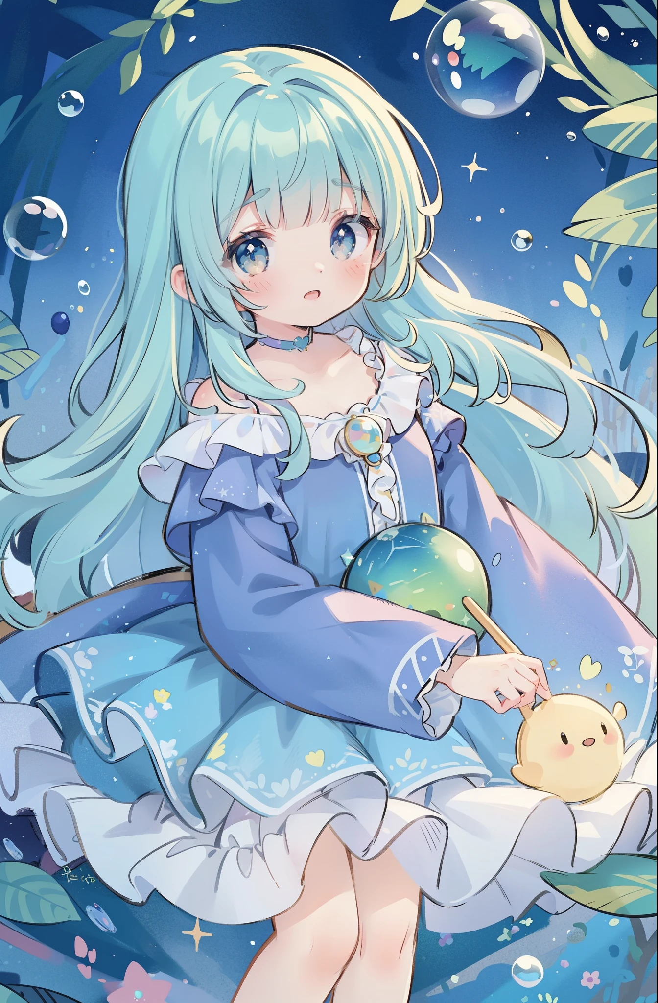 masterpiece, best quality, 8k resolution, sharp focus, intricate detail, beautiful girl, sparkling eyes, golden ratio face, otherworldly liquid, watercolor, cool colors, bright colors, whimsical, colorful, sharp focus, high resolution, fine detail, ((layered tiered puffy long sleeves ballgown)), ((round eyes)), iridescent bubbles, fantasia background