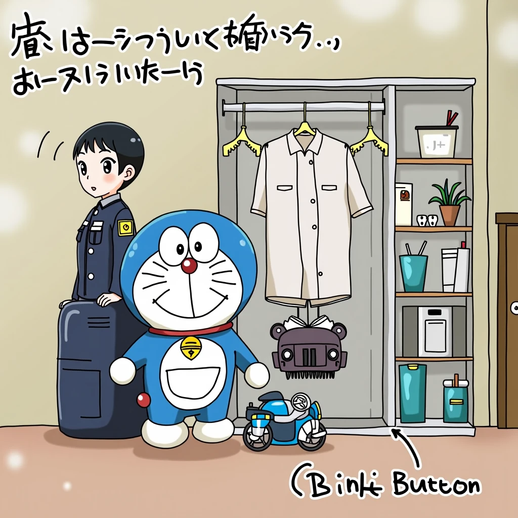 The world in 2025
Everyone wears Doraemon's clothes　
Because they have a four-dimensional pocket、You don't need luggage when traveling。
The police are robots
Buttons１The layout of the room changes and becomes a Chiikawa and Pokemon party room
Food is delivered by motorcycle robots