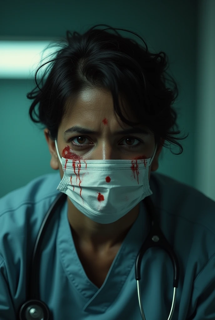 Extremely scared Indian women in uniform of doctor.with use and throw mask . Blood on her face and short hair.