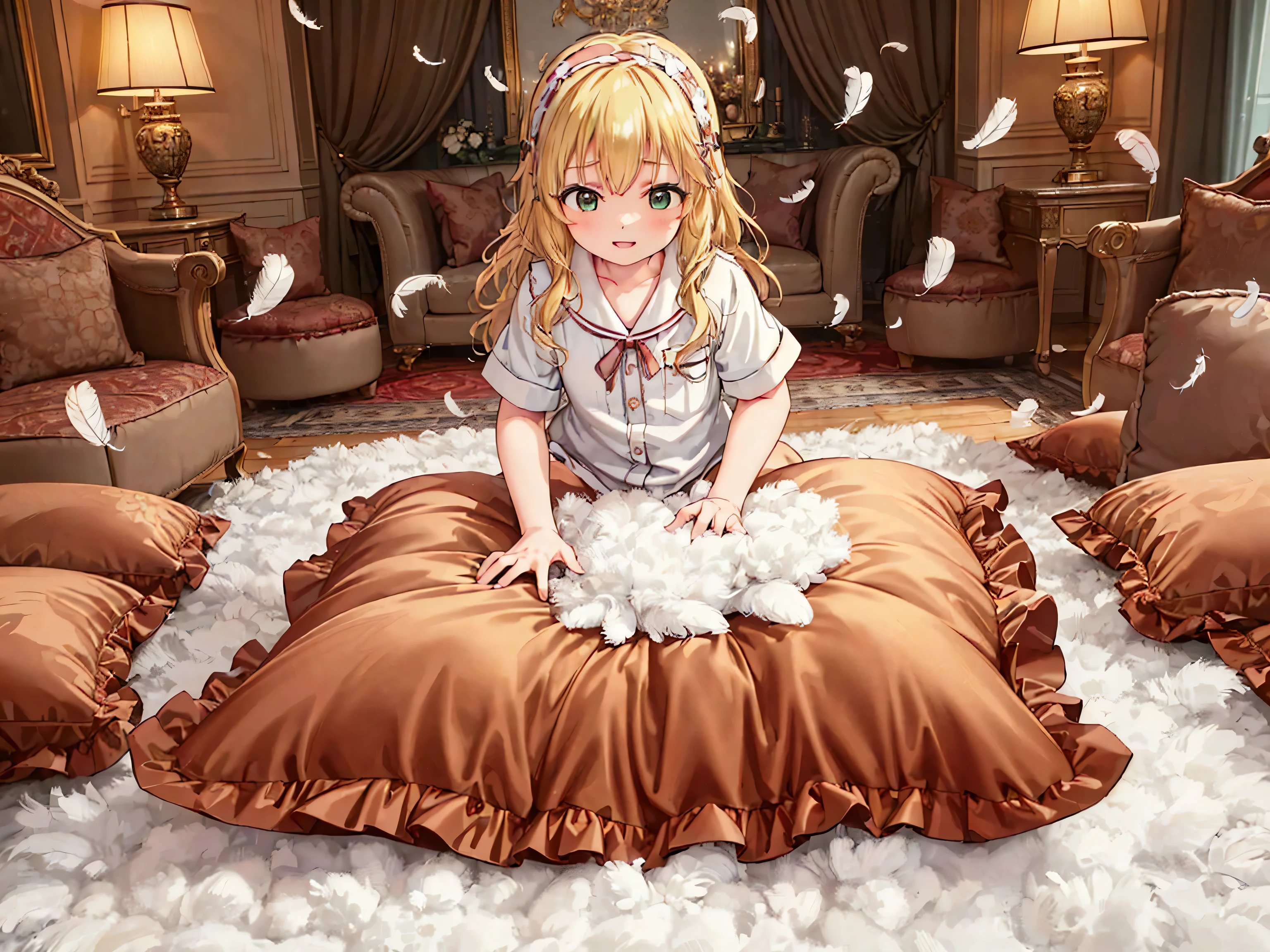 (best quality， masterpiece) , details, (Light and shadow oxtail) , Cute girl posing on pillow ，Pillow, Upholstered，Soft pillow，（Pillow），The love surrounding the protagonist，steam，(Luxury Pillow），（Gorgeous pattern pillow），luxurious pillow, standing,（Love around the protagonist），（pillow）, frilled pillow   , 1 pillow, standing on a top of pillow, on pillow, big pillow, fluffy pillow, pillow damage, stomping pillow, stomping, pillow on floor, stepping on pillow, posing on top pillow, full body, pillow on floor, (((feathers))), pillow destroy, ripping pillow, tearing pillow in half, feathers everywhere, cotton, stuffing pillow, sakurai_momoka_theidolmastercinderellagirlsu149, blonde_hair, hairband, short_hair, green_eyes, bangs, smile, bow, open_mouth, wavy_hair