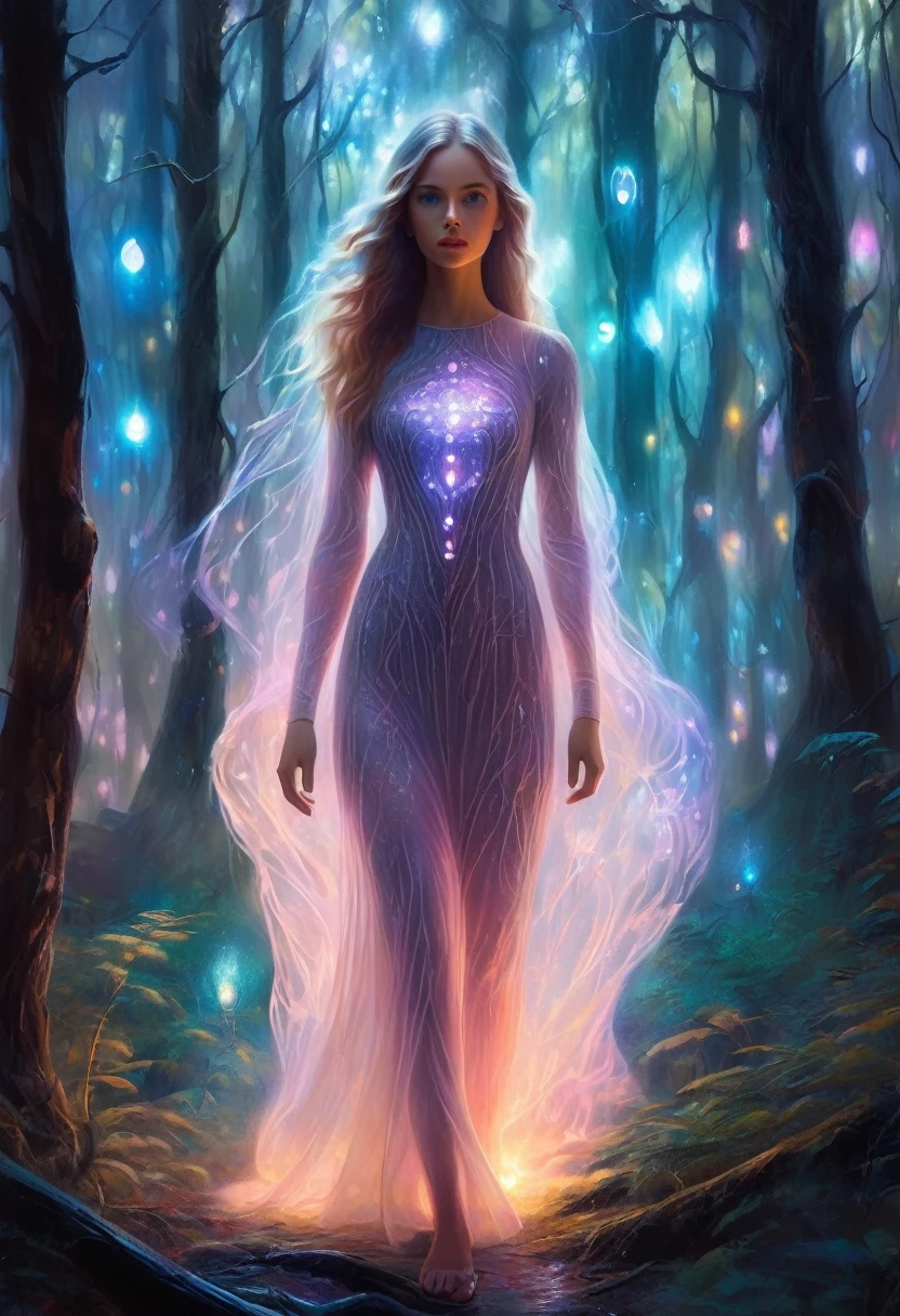 portrait,In this fantasy painting,a girl with a translucent glowing Body wanders through a mysterious forest,Surrounded by strange lights,superior_Body,