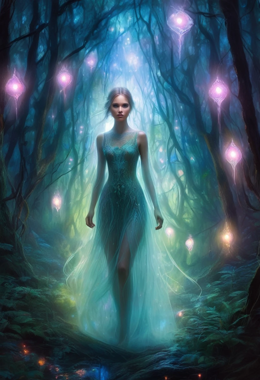 portrait,In this fantasy painting,a girl with a translucent glowing Body wanders through a mysterious forest,Surrounded by strange lights,superior_Body,