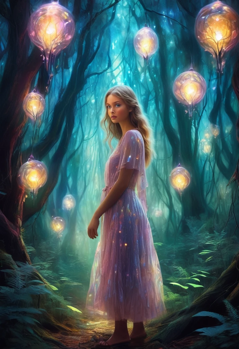 portrait,In this fantasy painting,a girl with a translucent glowing Body wanders through a mysterious forest,Surrounded by strange lights,superior_Body,