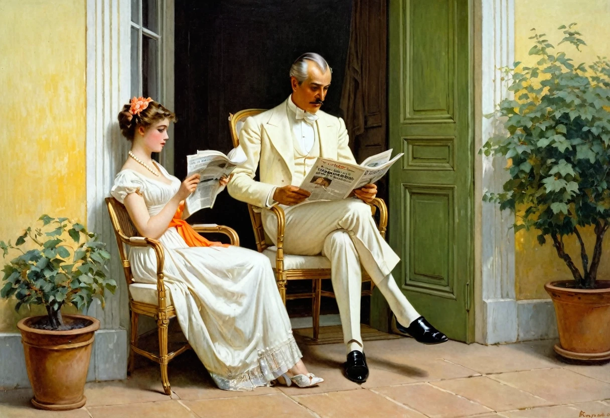 A painting of a man and a woman, ‘Day on the Veranda’ by Vittorio Matteo Corcos, two figures are seen in the doorway: an elegant young man sitting on a chair reading a newspaper, and a young woman on the step, wearing a white dress adorned with an orange sash and coral beads. She looks directly at the viewer. On the red tiled floor beside her lies a stack of read-out books, novels with instructive plots, their yellow covers warning readers of the racy content. Through the open door you can see the vineyard in the background, lit by the soft afternoon sun, Paul Gustav Fischer, after Enrique Simone, Ferdinand Knabe, summer morning, Gerard Ernest Schneider, Frank Leonard Brooks, Harold Harvey, Robert Reed, Julius Klinger, summer afternoon, on the terrace, Charles Harold Davis, Randolph Schwabe