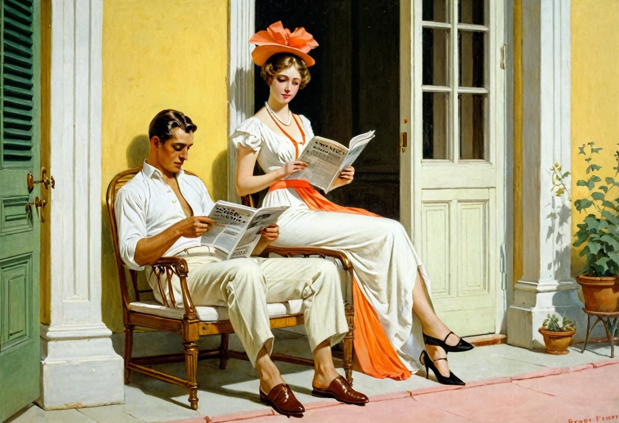 A painting of a man and a woman, ‘Day on the Veranda’ by Vittorio Matteo Corcos, two figures are seen in the doorway: an elegant young man sitting on a chair reading a newspaper, and a young woman on the step, wearing a white dress adorned with an orange sash and coral beads. She looks directly at the viewer. On the red tiled floor beside her lies a stack of read-out books, novels with instructive plots, their yellow covers warning readers of the racy content. Through the open door you can see the vineyard in the background, lit by the soft afternoon sun, Paul Gustav Fischer, after Enrique Simone, Ferdinand Knabe, summer morning, Gerard Ernest Schneider, Frank Leonard Brooks, Harold Harvey, Robert Reed, Julius Klinger, summer afternoon, on the terrace, Charles Harold Davis, Randolph Schwabe