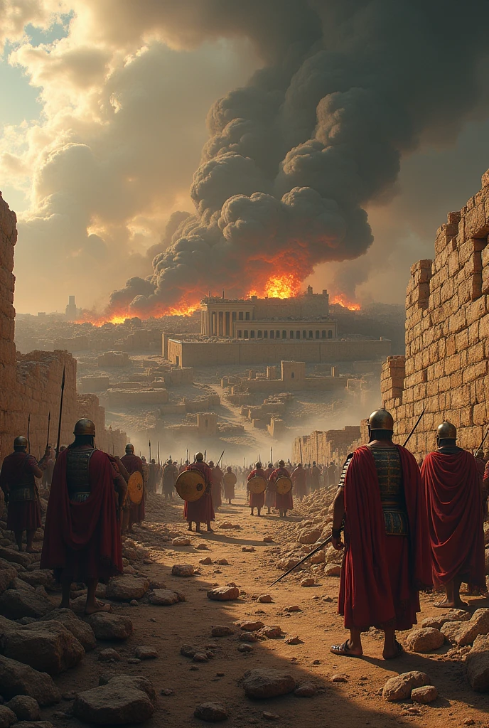 Ultra-realistic 8k image “An epic scene showing the destruction of Jerusalem in 70 d.c. by the Roman army. Shows the Temple of Jerusalem in ruins, with giant rocks falling and fire consuming part of the structure. Roman soldiers, dressed in typical armor of the time, are breaking down the walls with spears and shields. The sky is full of dark clouds, creating a dark and apocalyptic atmosphere. Ao fundo, columns of smoke rise, symbolizing the total destruction of the city. The surrounding landscape is arid and devastated, reflecting the fulfillment of biblical prophecy.”