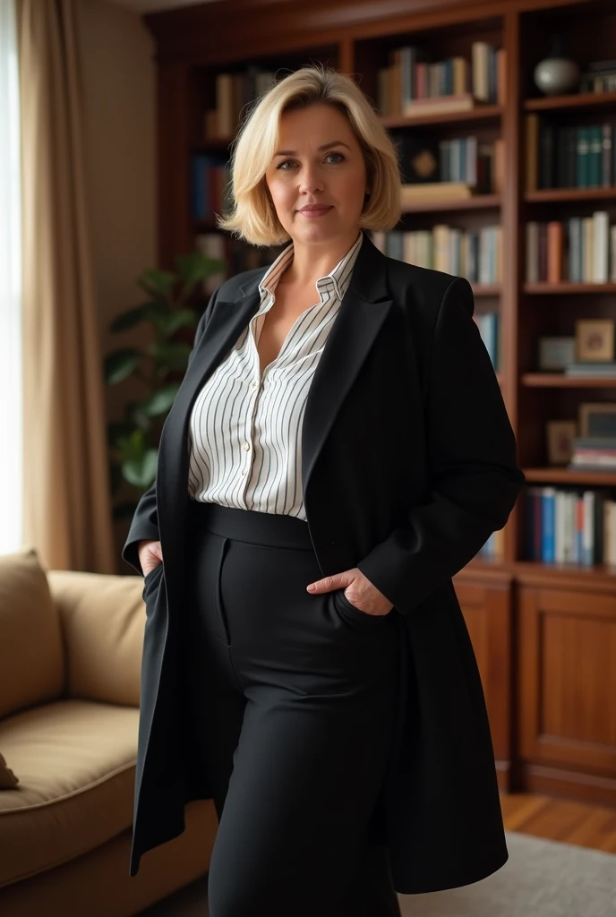 A middle-aged woman, wearing a black coat, a white striped blouse and a long skirt, dressed professionally and correctly, standing in a living room with bookshelves and a sofa in the background. short blonde haire. She has an hourglass figure, massive breasts. ,Wide hips (implants), Prominent buttocks (implants),