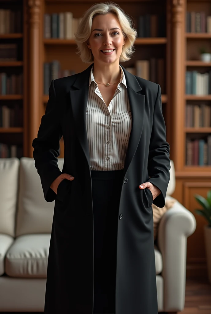 A middle-aged woman, wearing a black coat, a white striped blouse and a long skirt, dressed professionally and correctly, standing in a living room with bookshelves and a sofa in the background. short blonde haire. She has an hourglass figure, massive breasts. ,Wide hips (implants), Prominent buttocks (implants),