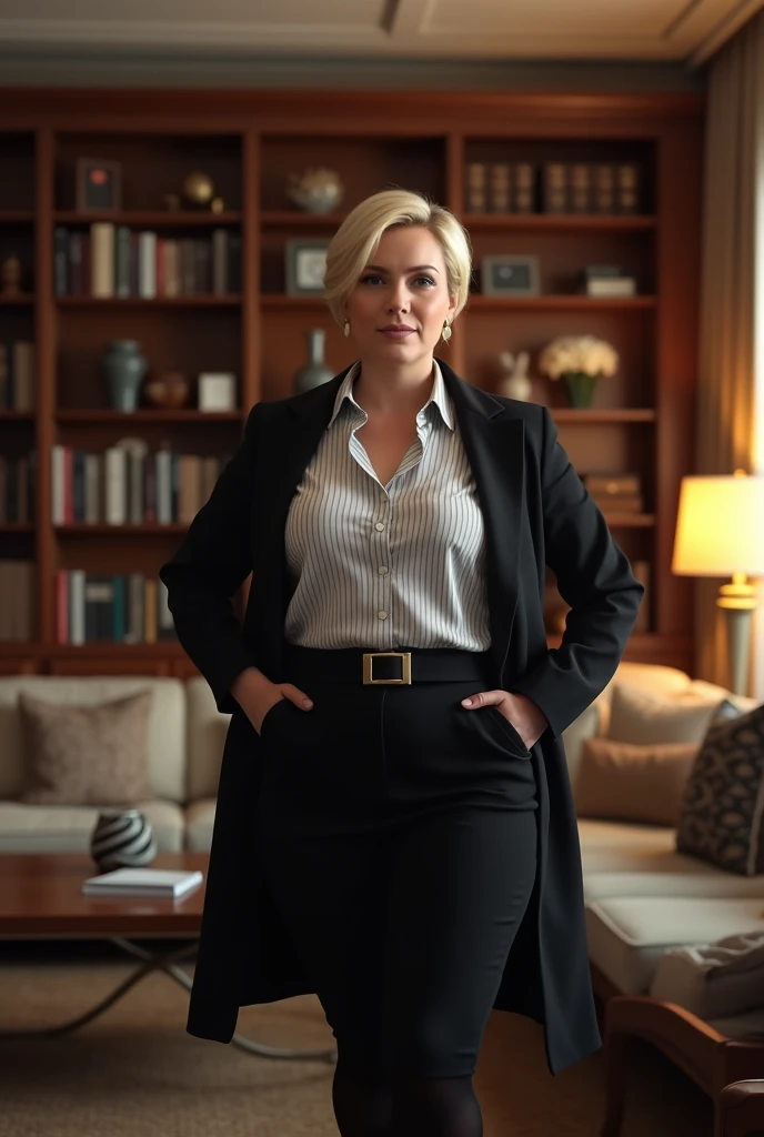A middle-aged woman, wearing a black coat, a white striped blouse and a long skirt, dressed professionally and correctly, standing in a living room with bookshelves and a sofa in the background. short blonde haire. She has an hourglass figure, massive breasts. ,Wide hips (implants), Prominent buttocks (implants),