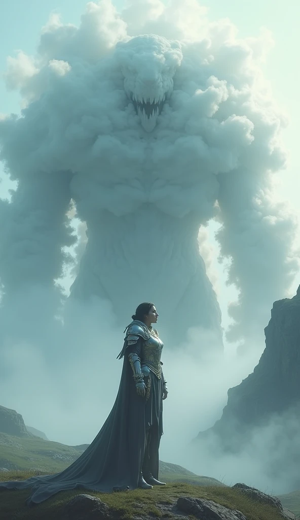 (masterpiece, best quality, super detailed, beautiful details eyes, Clean and delicate face), Super realistic, Fantasy Art: A giant Foggy monster made of Mysterious Fog appears on the sacred mountain. ((Foggy texture)), The Legendary Female Knight wields in armor her holy sword and confronts the Foggy monster, Beautiful Art, Generated in SFW