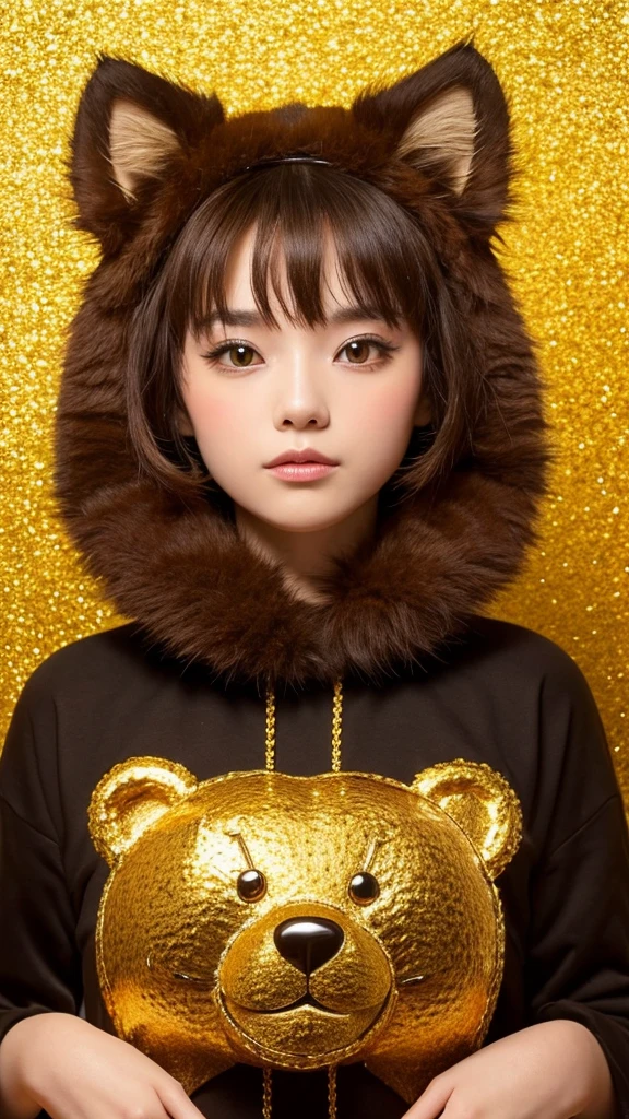 A kitten dressed as a bear with a gold background　gold　front　central