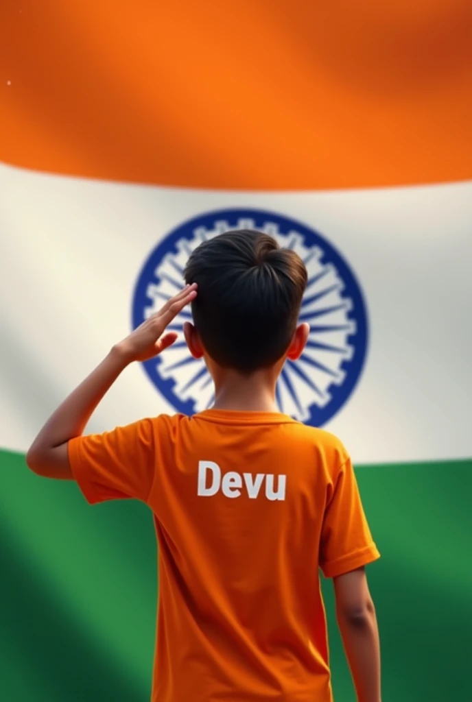 A boy whose t-shirt has Devu written on the back and the colour of his t-shirt is orange, he is saluting the Indian flag but his hand is on his forehead