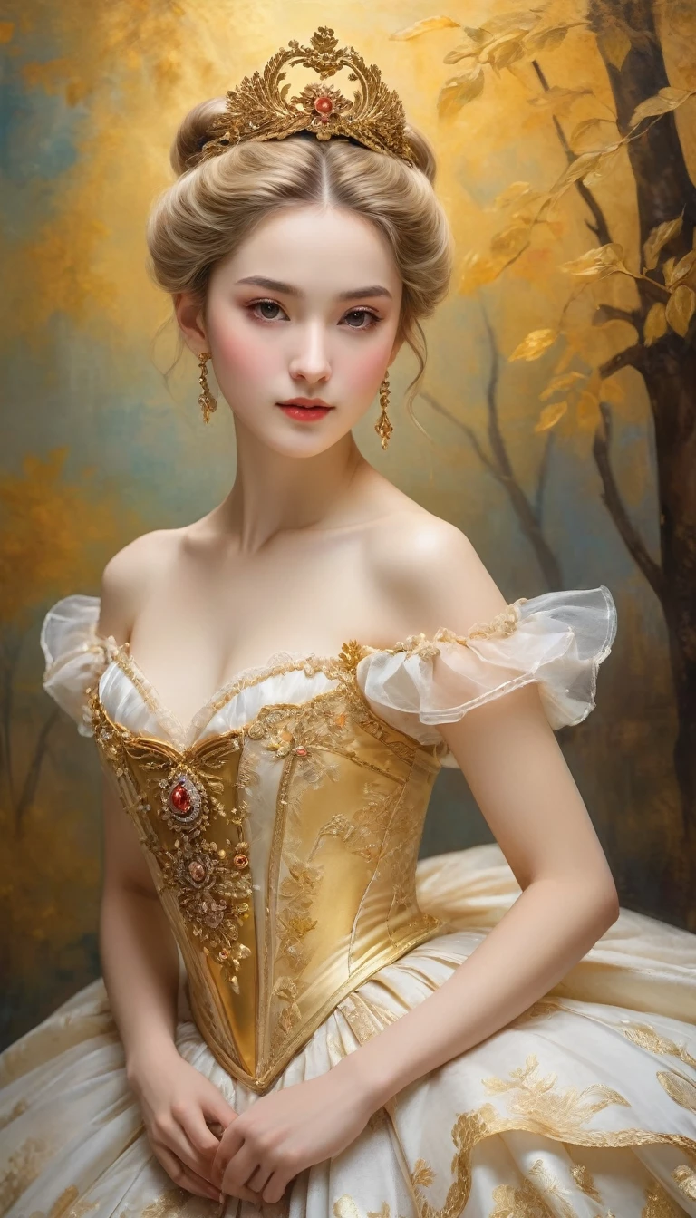 (high resolution,masterpiece:1.2),(Practical:1.37)"(best quality, high resolution, Very detailed, Practical),Beautiful portrait of a 19th century French ballerina, (She is half Scottish，Half Japanese., She is a beautiful woman，Golden eyes and long nose.:1.1), Exquisite ballet costumes, Detailed facial features, Slender and graceful neck, Golden necklace, Flowing blond hair, Calm and elegant posture, Soft and delicate lighting, Classical oil painting material, Vibrant colors, Exquisite golden pattern background", Dreamy atmosphere, Surrealism,Mysterious atmosphere