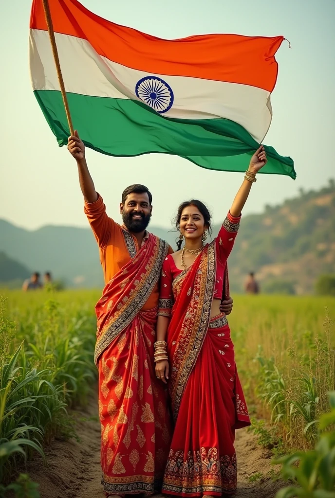 Indian independence in farmers with flag with Jhabua and Alirajpur traditional dress only man and woman with text in hindi