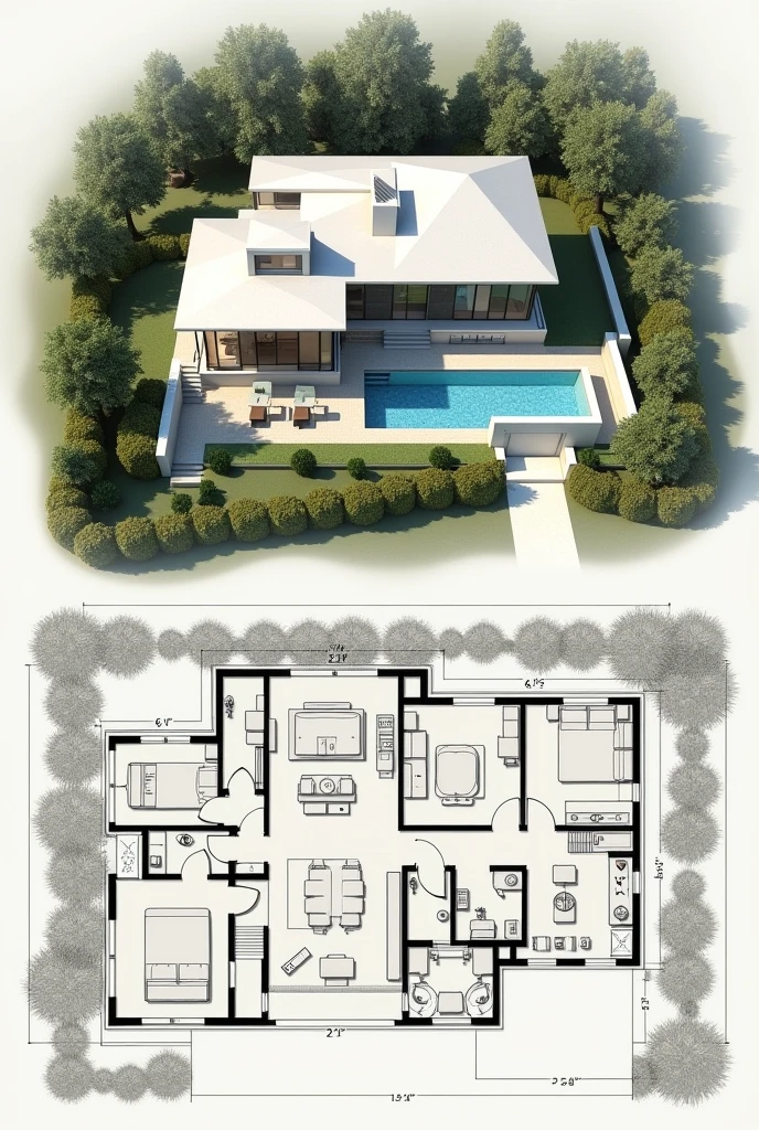 Structural plan of aerial view of house with pool, useful room and garage 