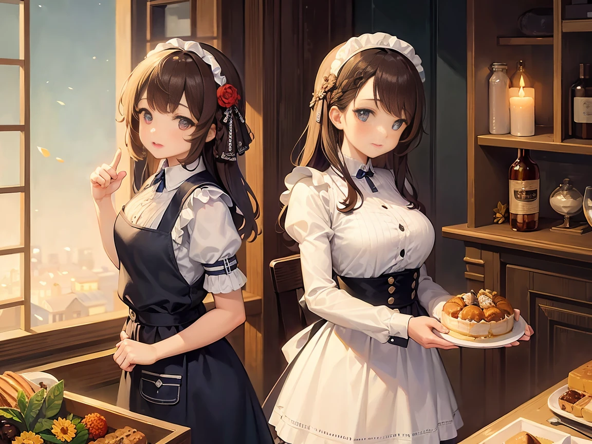 perfect eyes, soft light, high quality, 4k resolution, masterpiece, textured skin, high details, detailed face, detailed eyes, best quality, award winning, super detail, high quality, Pastry chef, confectionery maker, apron, brown hair, braid, hairpin, Impressionism, Monet, Cake shop, decorating cakes in the kitchen