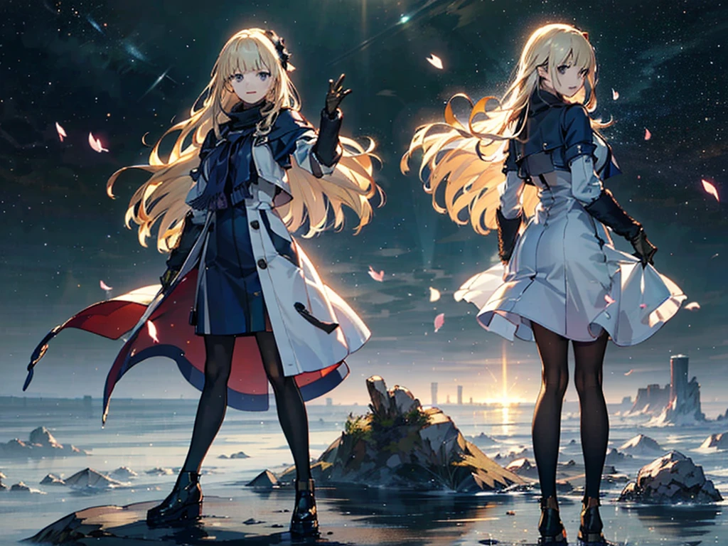 1people々々々々々々々々,Blonde long-haired woman,Long coat, Dress Silhouette, Rear View,Space Sky, comet, Anime Style, Dancing Petals,Night view of the city from the mountainside,