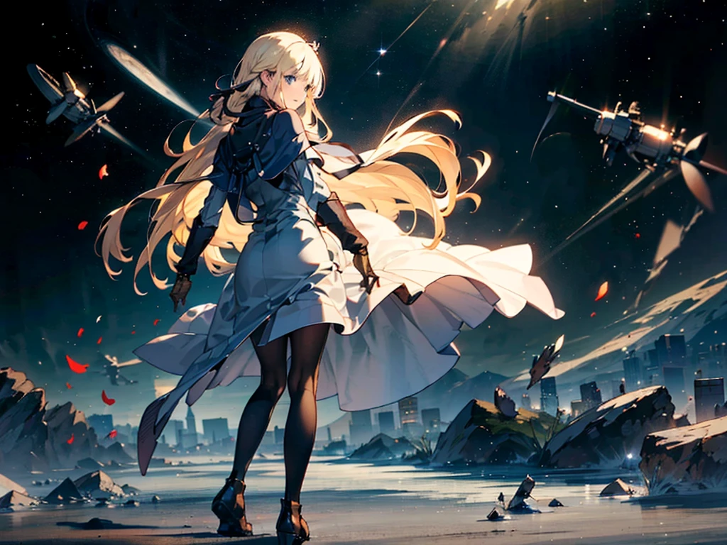 1people々々々々々々々々,Blonde long-haired woman,Long coat, Dress Silhouette, Rear View,Space Sky, comet, Anime Style, Dancing Petals,Night view of the city from the mountainside,