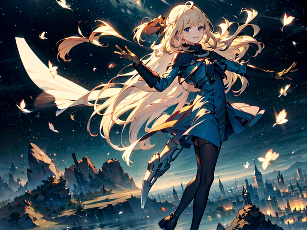 1people々々々々々々々々,Blonde long-haired woman,Long coat, Dress Silhouette, Rear View,Space Sky, comet, Anime Style, Dancing Petals,Night view of the city from the mountainside,