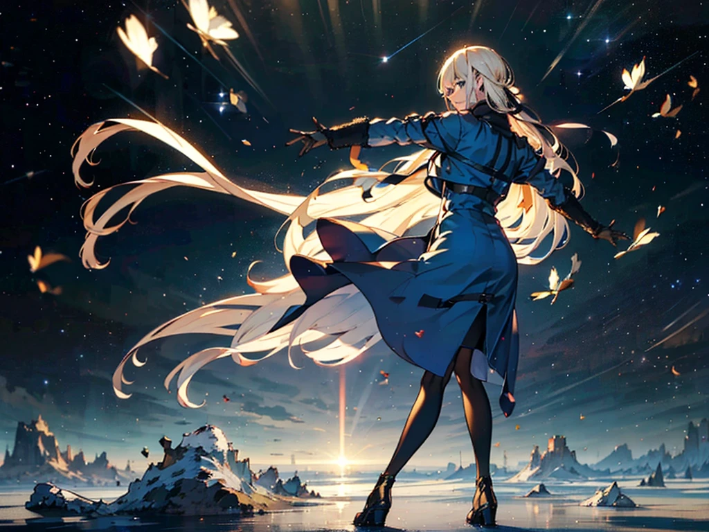 １people々々々々々々々々,Blonde long-haired woman，Long coat， Dress Silhouette， Rear View，Space Sky, comet, Anime Style, Dancing Petals，Night view of the city from the mountainside，