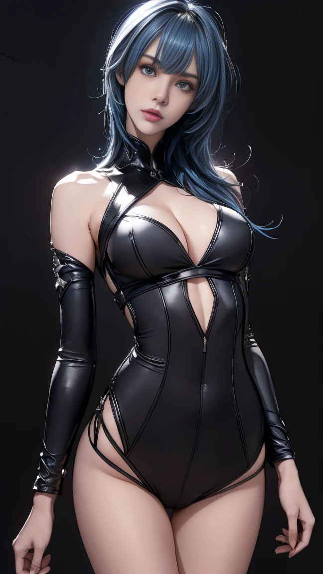 8K, Top Quality, Intricate Details, Ultra Detail, Ultra High Resolution, Masterpiece, selfie, selfie shot (selfie, selfie shot, portrait), ((close up shot, face shot, close up shot, portrait, face shot, passport shot, very close up shot, )), (full body: 1.1), Slender, Smile, (Makeup: 0.4), ((sexy pose,)), (Fluffy blue Eyes: 1.21), (()), 1girl, solo, 1 girl, ((bangs, blue hair, bangs, , bangs )), close up shot, , ((tall)), (((fit body))), (((slim face))), sharp face, ((, wind blow hair, )),skin tight suits, ((,bare shoulder, skin tight suits,) ,skin tight suits, (detailed face), sharp face, small lips, perfect hands, ((walking pose, walk pose)) , ((, ,)), , ((cleavage, ,)),, detailed face, detailed breast,, huge breast , (()), detail ass, Narrow Waist, Skinny, tall , 175 cm tall, Muscular, Navel, Exposed Abdomen, Pointed Chest,, Beautiful girl with accentuated slender abs: 1.4, Six Pack Abs: 1.4, Bust Botox, Big, Perfect Body, detail leg, (( dark background)), black background,