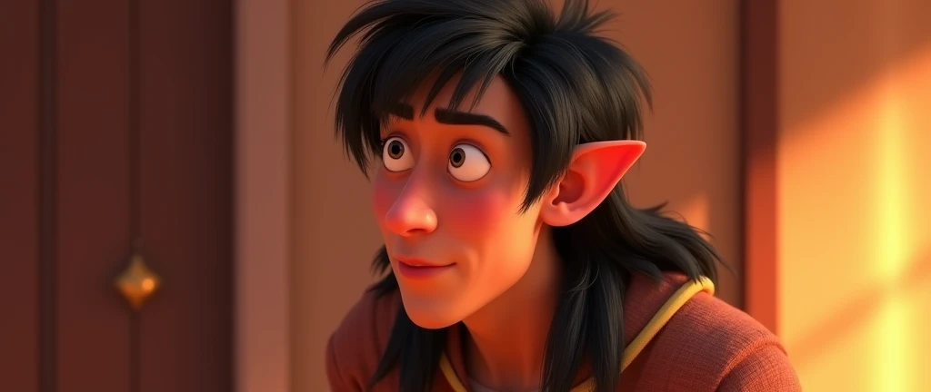 a male animated movie character in the Disney Pixar style, high qualiy, best quality , thin nose, big nose, long hair to the shoulders 