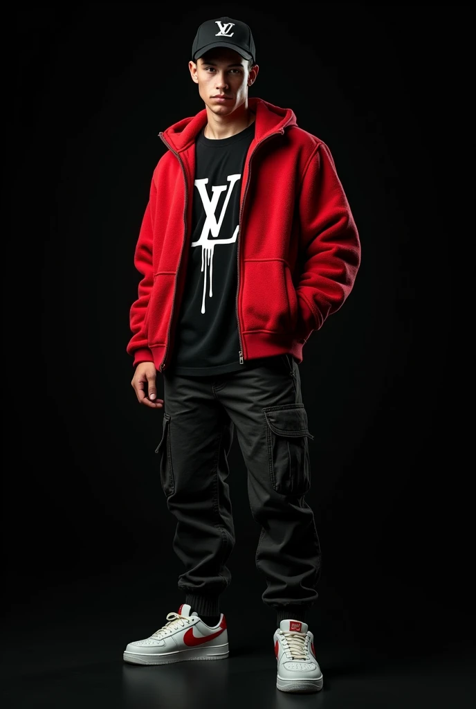 Realistic photo of a young man wearing cargo pants, black nike tennis shoes, all red fleece jacket, Louis Vuitton shirt, light gray and the logo brand with a melting effect, and a black Nike cap. Black background with highlight in light.