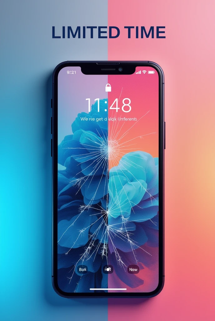 Create a social media post for a mobile repair shop offering a discount on screen replacements. Include a graphic of a phone screen half cracked, half new, with the text 'Get 20% Off on Screen Repairs Today!' Use bright colors and a clean, modern layout.