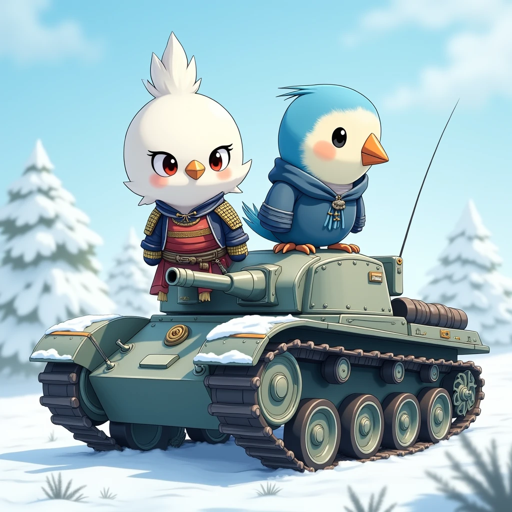 A completely white, perfectly round snow bunting wearing Japanese samurai armor riding a caterpillar tank and a blue-feathered budgerigar wearing a military uniform with white head and round eyes, all in anime style.