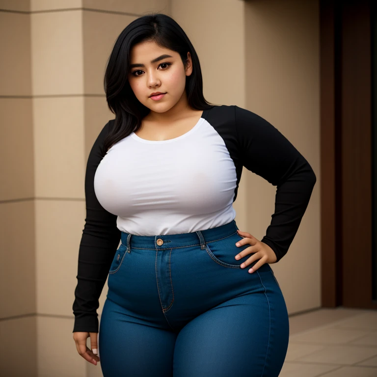 body photo, beautiful detailed, cute face, cute mexican , slightly chubby, short black hair, black hair over one eye, long sleeve plain T-shirt, long pants, fat curvy wide hips, solo, voluptuous breasts,